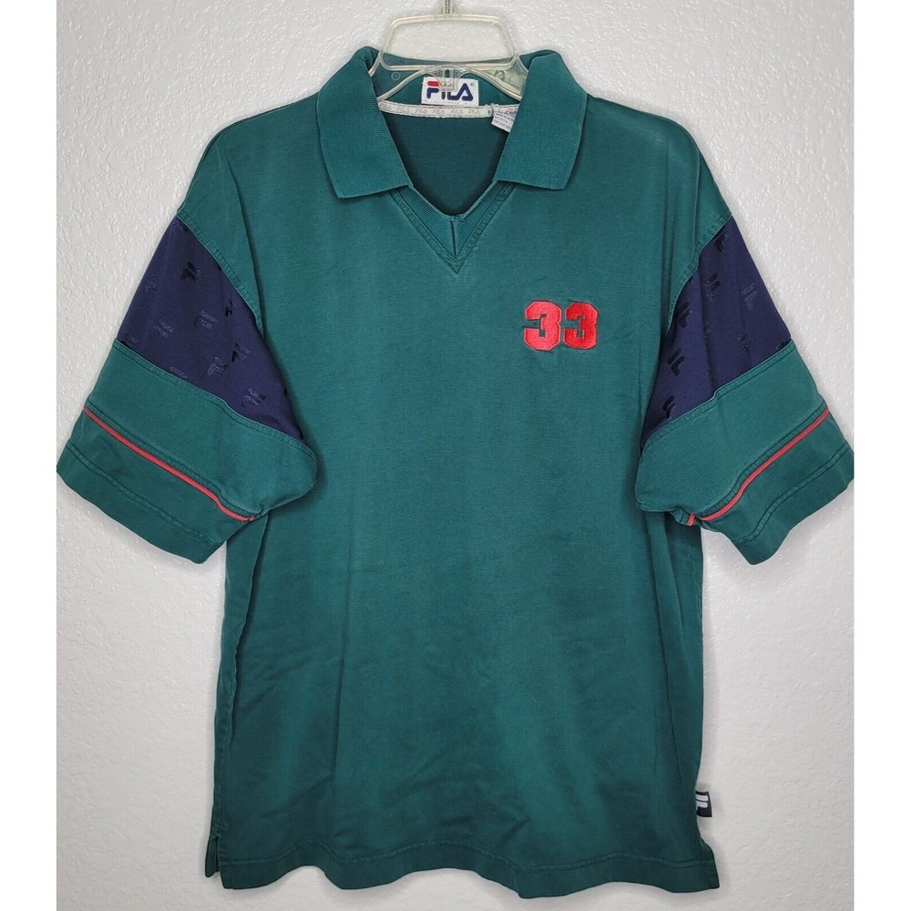 Fila * Men's Med Green Blue Collared‎ Retro 90s Embroidered 33 Polo Rugby Shirt